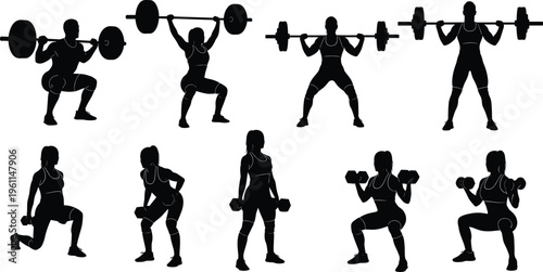 Black Silhouette Set of Women and Men Weightlifting, Squatting with Barbells, Lifting Dumbbells, Fitness Training, Gym Workout, and Bodybuilding Concept
