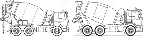 Two concrete mixer trucks shown in detailed outline, representing construction, industry, or heavy machinery transport, Black And White