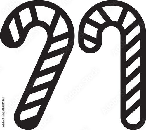 Festive Outline Candy Canes Vector Illustration for Christmas, Holiday Season, and Sweet Treat Themes - Simple Black and White Dessert Graphic Icon, Candy Cane
