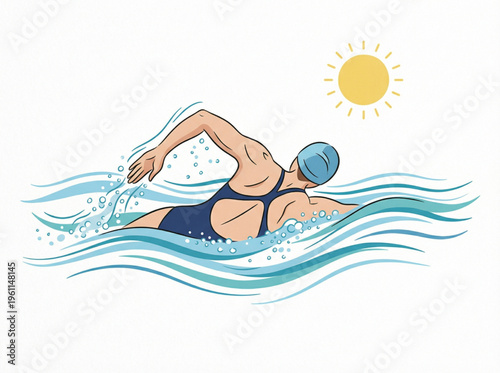 Woman swimming crawl in open water under the sun illustration