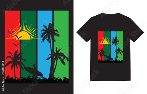 Tropical t-shirt design with palm trees and sunset