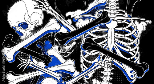 A skeleton with blue accents on a black background
