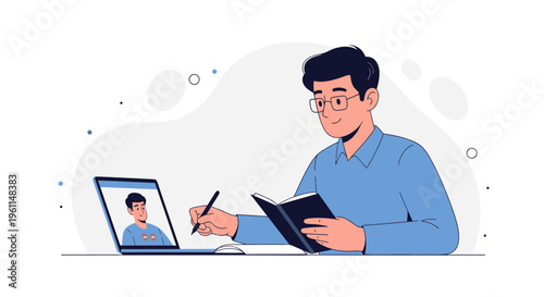 Man in glasses learning online via laptop, taking notes from a book