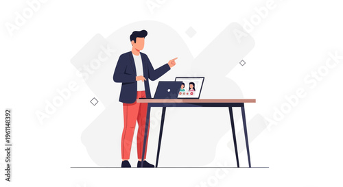 Man giving presentation online via laptop, video conference call, remote work concept