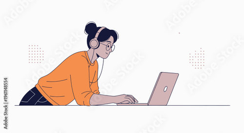 Young woman with headphones working on a laptop, minimalist illustration