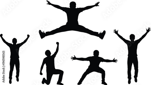 Black Silhouettes of Men Jumping and Celebrating Success, Expressing Happiness, Achievement, Freedom, and Victory with Arms Raised on White Background