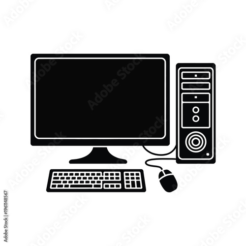A black and white illustration of a computer workstation setup