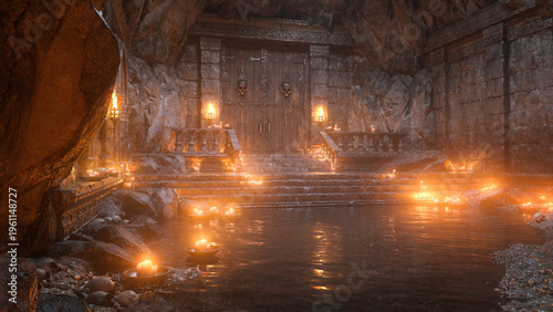 фотографія Gothic fantasy castle entrance lit by candles in a dark underground cavern with water