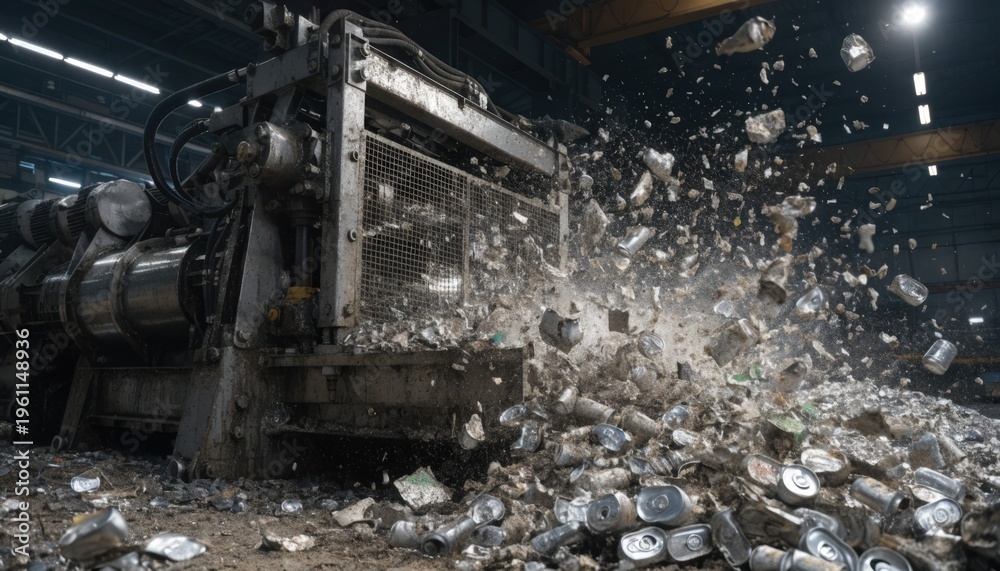 Fototapeta premium Medium shot of a recycling plant shredding dirty aluminum scrap showcasing heavy machinery breaking down contaminated materials for remelting.