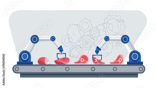 A flat design illustration depicting a modern industrial process of qurbani meat cutting and sorting on a conveyor belt for Eid festival celebrations.