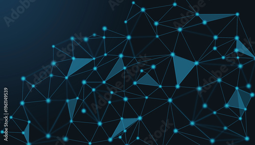 Abstract digital network background with glowing connected nodes and bright lines on a dark blue gradient illustrating data communication, technology flow, and futuristic connectivity.