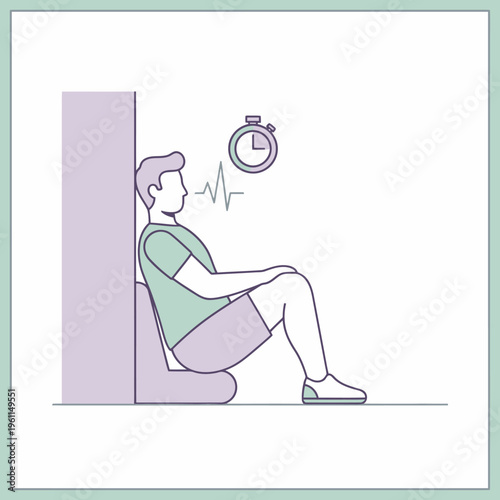 Man performing wall sit exercise with timer illustration.