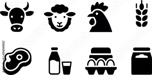 Collection of farm fresh food and animal icons representing agriculture and natural produce