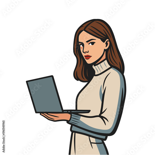 Young Woman Using Laptop Illustration – Modern Freelancer or Remote Work Concept