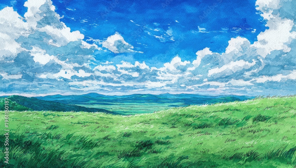Obraz premium Vast Green Rolling Hills Under a Dramatic Blue Sky with Fluffy White Clouds.