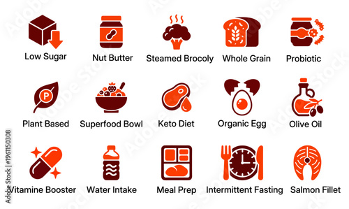 A premium collection of 15 solid-glyph icons featuring healthy diet concepts, meal prep, organic superfoods, and nutrition tracking in a clean maroon and orange duotone style.