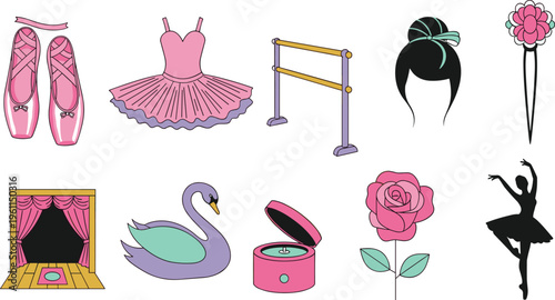Ballet Dance Elements Set with Pointe Shoes Tutu Swan Stage Barre Ballerina Silhouette and Accessories Vector Illustration