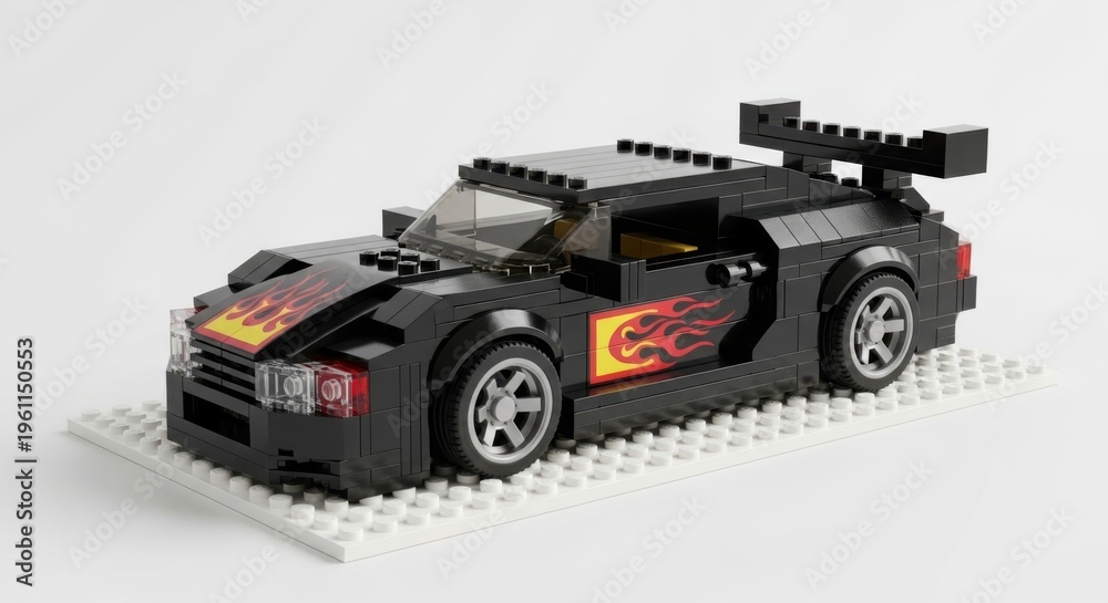 Fototapeta premium Black lego car with flame decals, isolated on white background