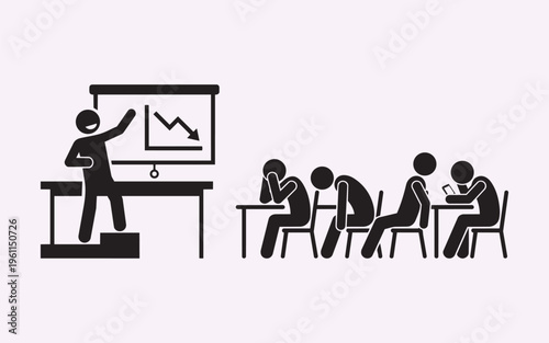 Stick Figure Presenter Audience Slouched Posture Engagement Problem Concept Minimal Black Vector Silhouette Illustration
