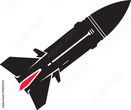 Black and white silhouette of a sleek modern missile with a red flame at the base Vector, illustration