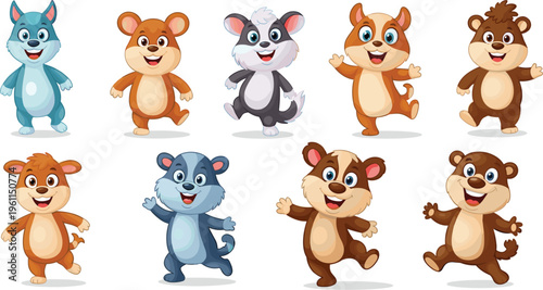 Cute cartoon hamster characters collection, funny small animals set, adorable pets illustration, playful poses design, children friendly mascot, colorful isolated animal characters