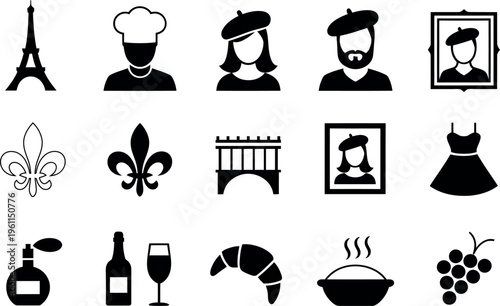 Collection of Frenchthemed black and white vector icons representing iconic symbols of Paris and French culture