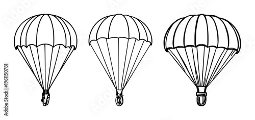 Parachute set with stylized descending icon illustrating emergency rescue featuring parachute, sky, silhouette with gradient and lines