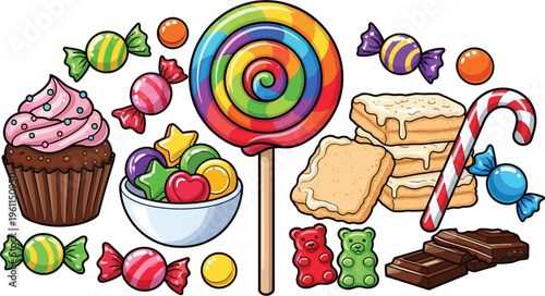 Colorful sweets and candies collection, lollipop cupcake gummies chocolate cookies illustration, sugary treats assortment, dessert design elements, kids party food concept isolated set