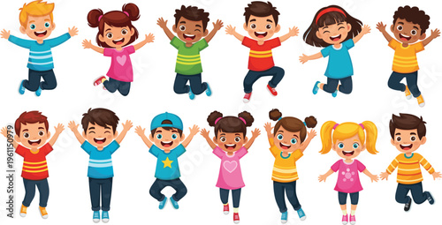 Happy jumping kids collection, cute cartoon children characters set, diverse boys and girls celebrating, playful poses illustration, joyful childhood concept, colorful isolated design
