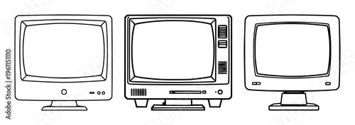 Computer monitor icon set with geometric lines and consistent stroke width featuring classic, retro, 1980s, vector, icon with white background and simple style