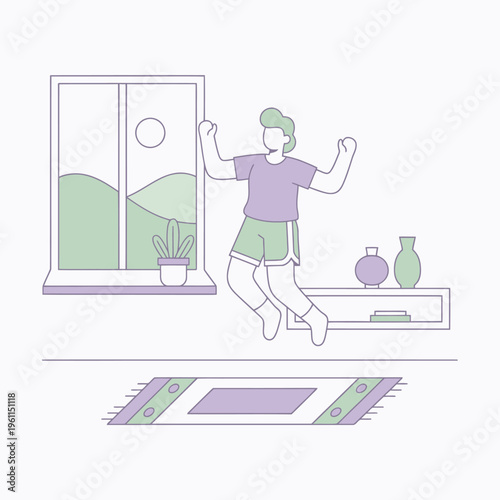 Person jumping joyfully indoors with energetic movement.