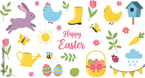Happy Easter spring elements set with bunny chicks eggs flowers watering can boots birds festive illustration collection