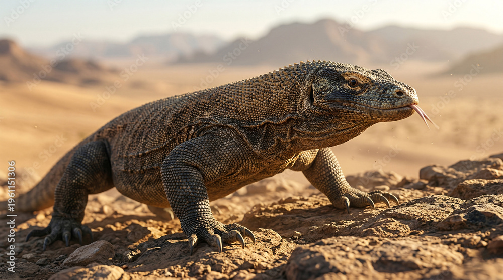 Fototapeta premium Megalania, giant prehistoric lizard on rocky terrain in desert