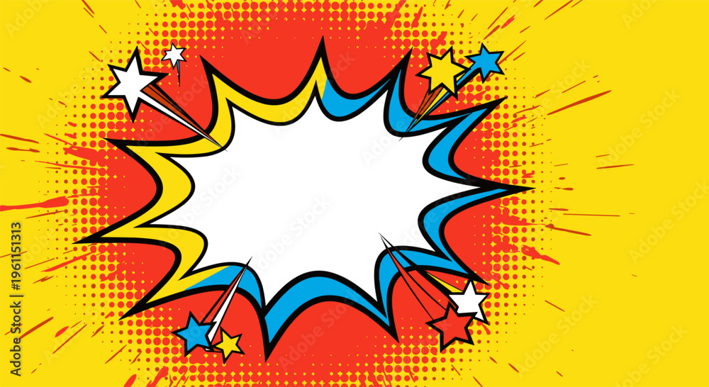 Obraz premium Comic book explosion speech bubble in vibrant pop art style with dynamic colorful lighting for editorial use