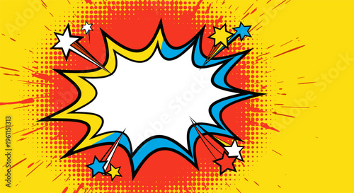 Comic book explosion speech bubble in vibrant pop art style with dynamic colorful lighting for editorial use