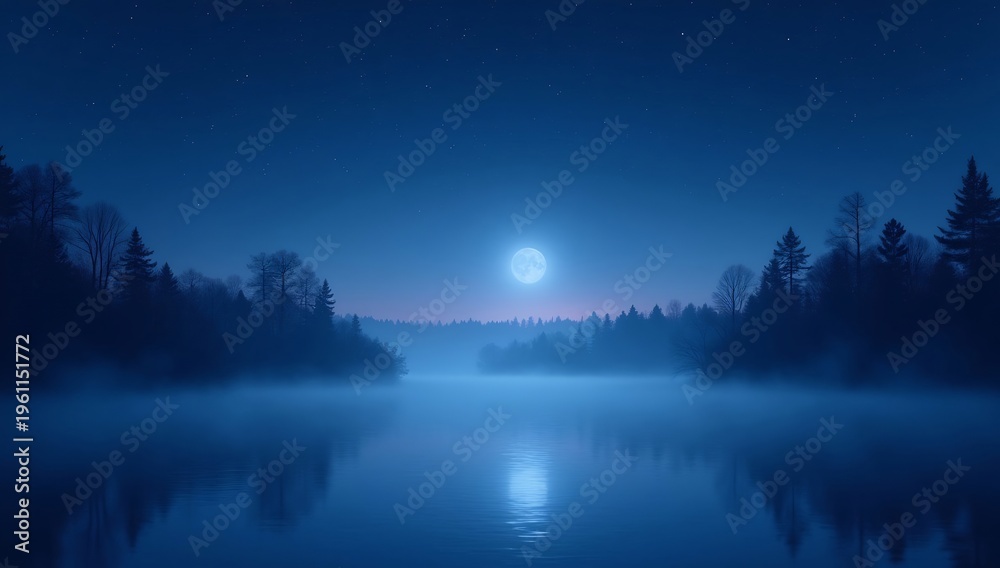 Fototapeta premium Enchanting Moonlit Lake Surrounded by Silhouetted Forest and Gentle Mist.