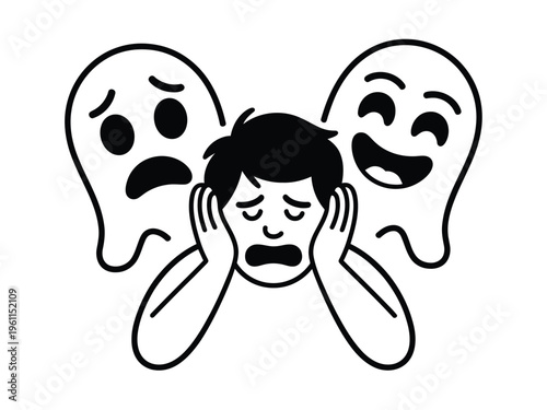 A man covering his ears with two ghost faces on either side showing opposite emotions
