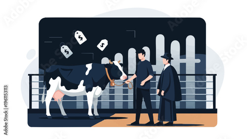 Vector illustration of a qurbani cow sale scene during Eid al-Adha festival, featuring a cow, two men, and money tags, symbolizing the tradition of sacrificing animals during the celebration.