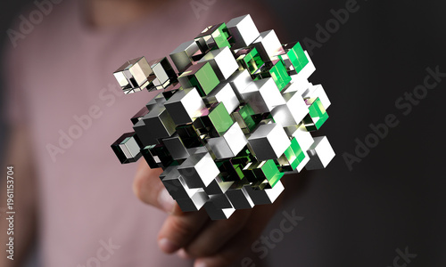 An abstract image of a hand holding 3D cubes, representing technology and digital concepts. Suitable for science, tech,