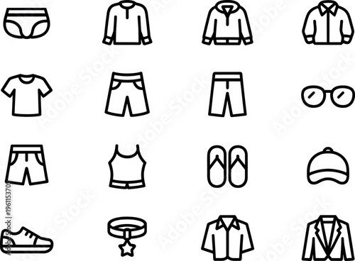 Collection of simple black outline icons depicting various clothing items and accessories for everyday use