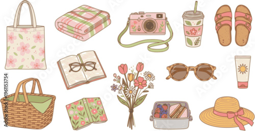Cute hand-drawn collection of spring and summer picnic items including a camera, flowers, picnic basket, straw hat, and books