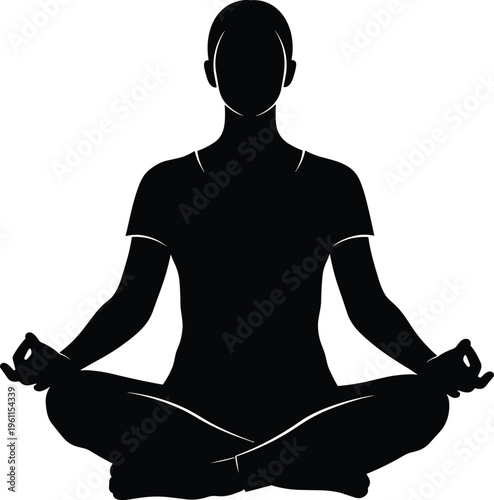Minimalist black silhouette of person meditating in lotus pose, yoga mindfulness relaxation concept isolated on white background vector illustration calm