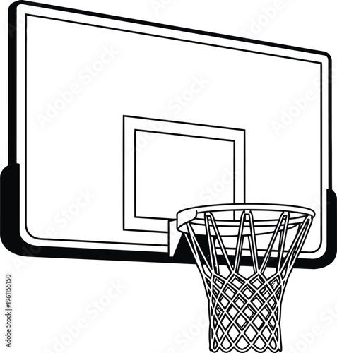 Black and white illustration of a basketball hoop and backboard