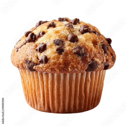 Chocolate chip muffin with delicious chips, fresh baked pastry for a sweet breakfast or snack, transparent background