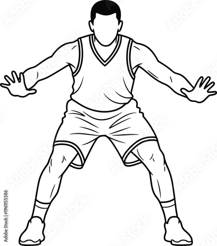 A basketball player in a defensive stance