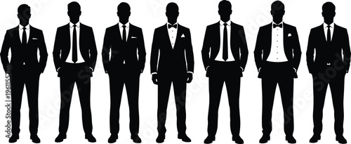 Black silhouette men in suits and tuxedos vector illustration, showcasing formal attire styles, bow ties, ties, and elegant fashion design