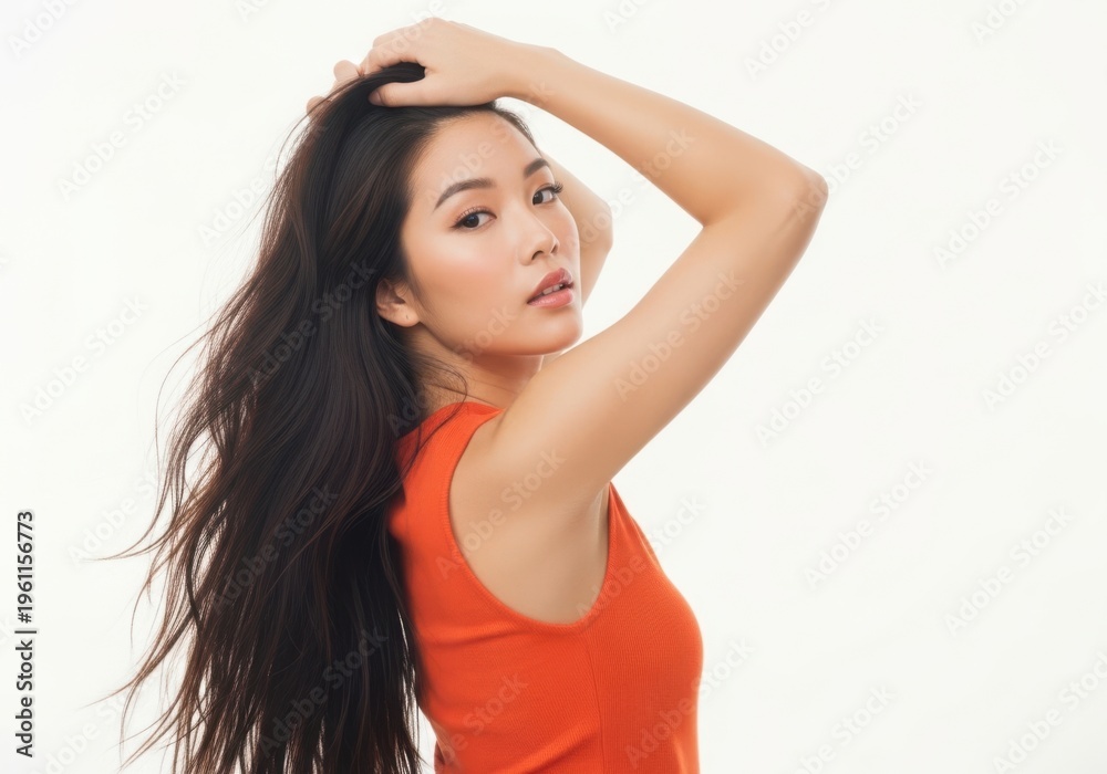 Fototapeta premium Asian woman with long dark hair wearing orange isolated on white background