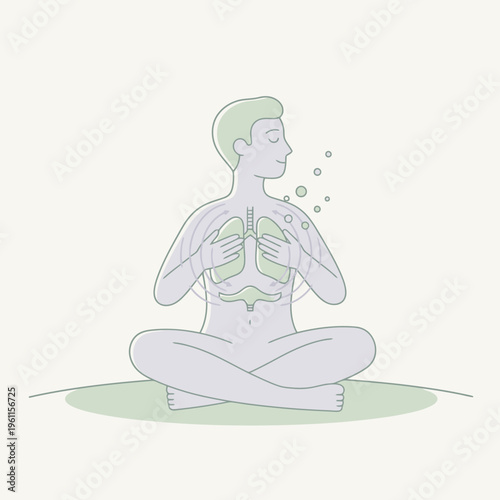 Person meditating with visible lungs and diaphragm movement.