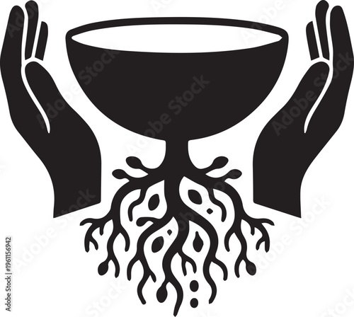 Two hands holding a bowl with plant roots growing downwards symbolising life support nourishment and foundation growth