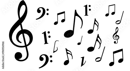 Music notes scattered with treble clef and bass clef symbols in black featuring note marks, musical elements, note illustrations with musical